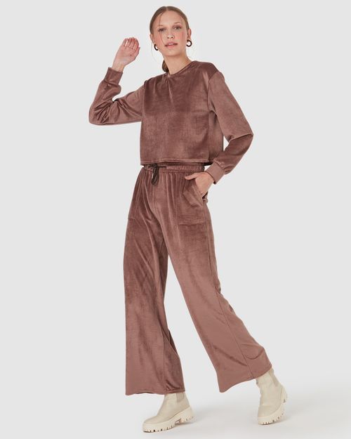 Calça Básica Feminina Wide Leg Em Veludo Canelado