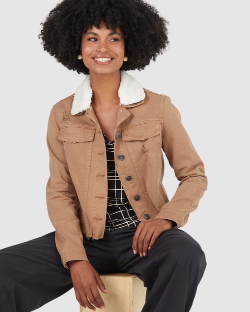 Jaqueta Cropped Feminina Gola Pelinho Removível Em Sarja