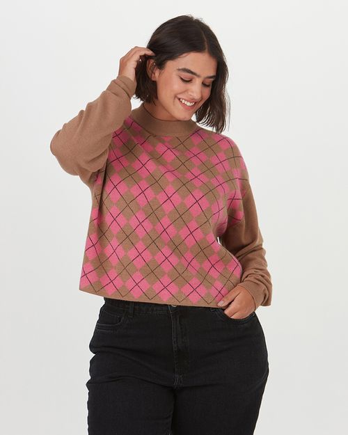 Suéter Feminino Plus Size Gola Alta Geométrico Em Tricô