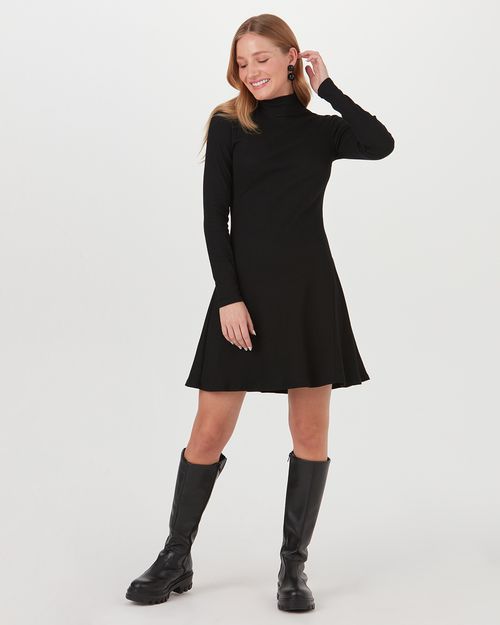 Vestido Evasê Feminino Gola Alta Em Ribana