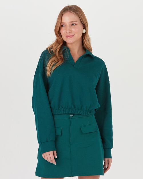 Blusão Long Cropped Feminino Gola Polo Em Moletom Flanelado