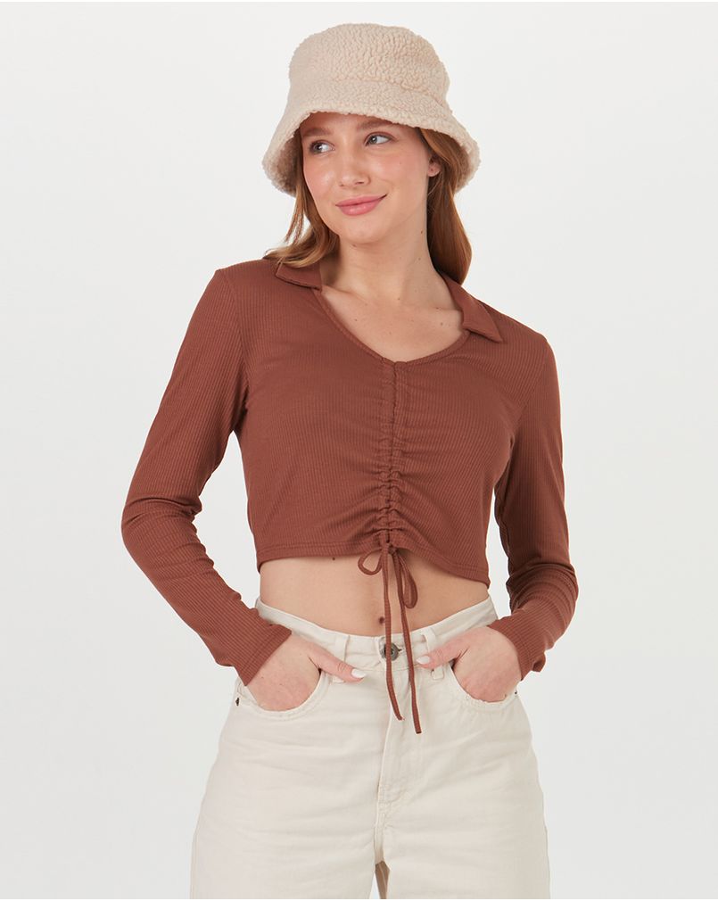 Blusa Feminina Túnel Frontal Em Malha Canelada De Viscose Marrom G