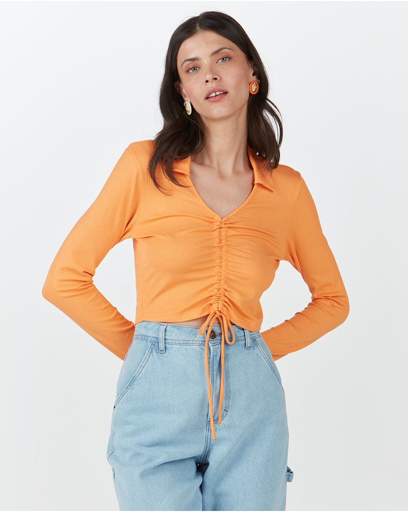 Blusa Feminina Túnel Frontal Em Malha Canelada De Viscose Laranja