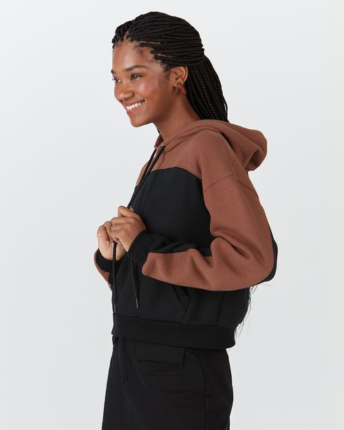 Blusão Feminino Bicolor Com Capuz Em Moletom Soft Flanelado
