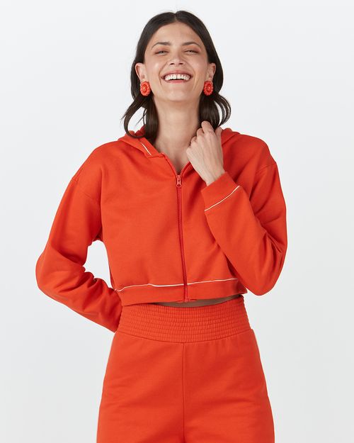 Jaqueta Cropped Feminina Com Capuz Em Moletom Flanelado