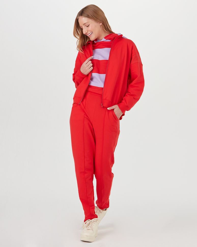 Calça Reta Feminina Recorte Frontal Em Moletom Stretch Flanelado