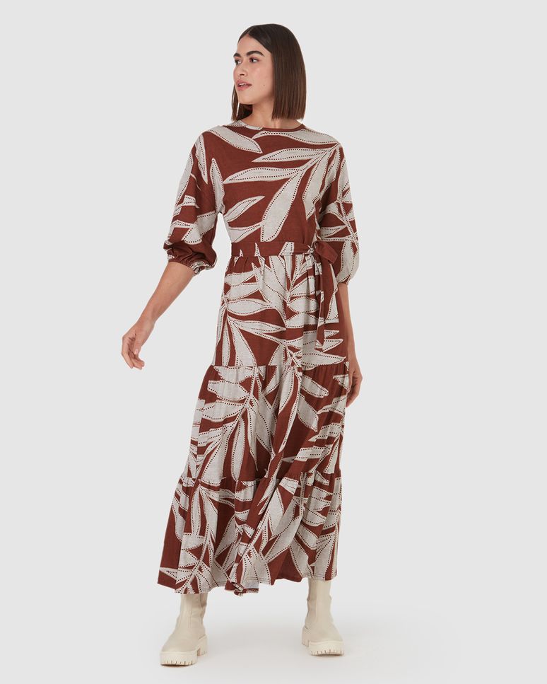 Vestido Midi Feminino Folhas Manga 3/4 Em Algodão
