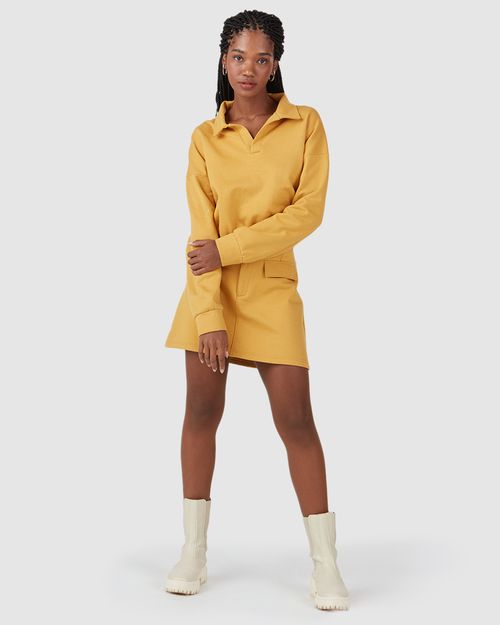 Blusão Long Cropped Feminino Gola Polo Em Moletom Flanelado