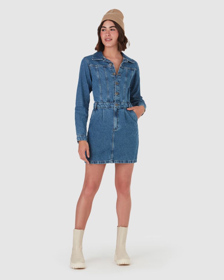 Vestido Curto Feminino Manga Longa Em Jeans 100% Algodão