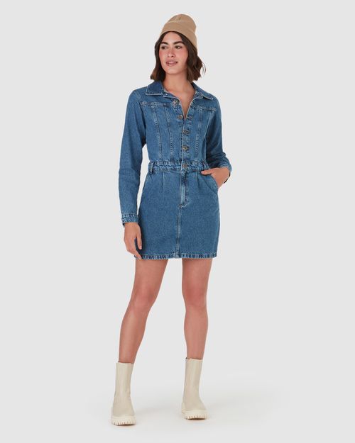 Vestido Curto Feminino Manga Longa Em Jeans 100% Algodão