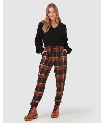 Calça Jogger Feminina Xadrez Cintura Média Em Viscose