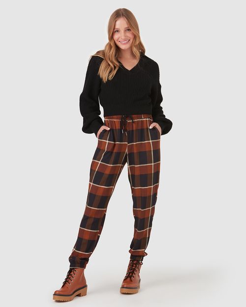 Calça Jogger Feminina Xadrez Cintura Média Em Viscose
