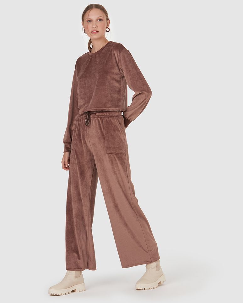 Calça Básica Feminina Wide Leg Em Veludo Canelado
