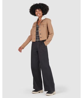 Jaqueta Cropped Feminina Gola Pelinho Removível Em Sarja