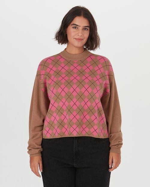 Suéter Feminino Plus Size Gola Alta Geométrico Em Tricô
