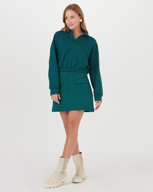 Blusão Long Cropped Feminino Gola Polo Em Moletom Flanelado