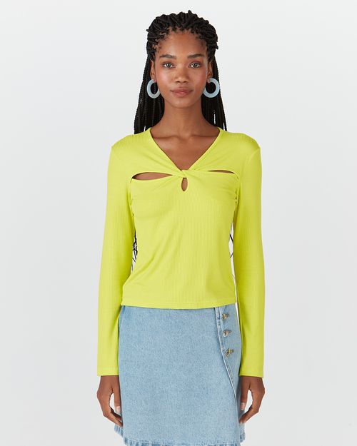 Blusa Cut Out Feminina Manga Longa Em Malha Canelada De Viscose