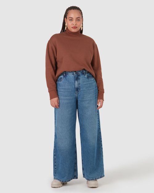 Calça Wide Leg Feminina Plus Size Jeans 100% Algodão