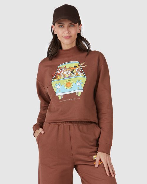 Blusão Cropped Feminino Gola Alta Looney Tunes Em Moletom Flanelado