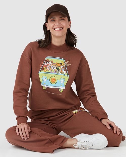Blusão Cropped Feminino Gola Alta Looney Tunes Em Moletom Flanelado