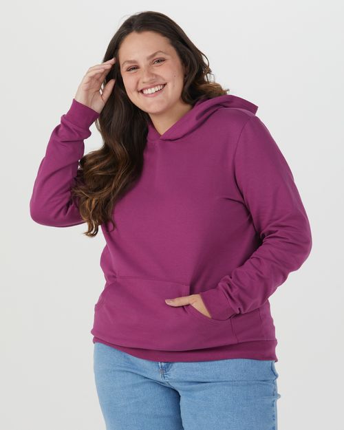 Blusão Básico Feminino Plus Size Bolso Canguru Em Moletom Stretch Flanelado
