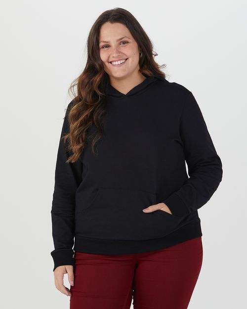 Blusão Básico Feminino Plus Size Bolso Canguru Em Moletom Stretch Flanelado