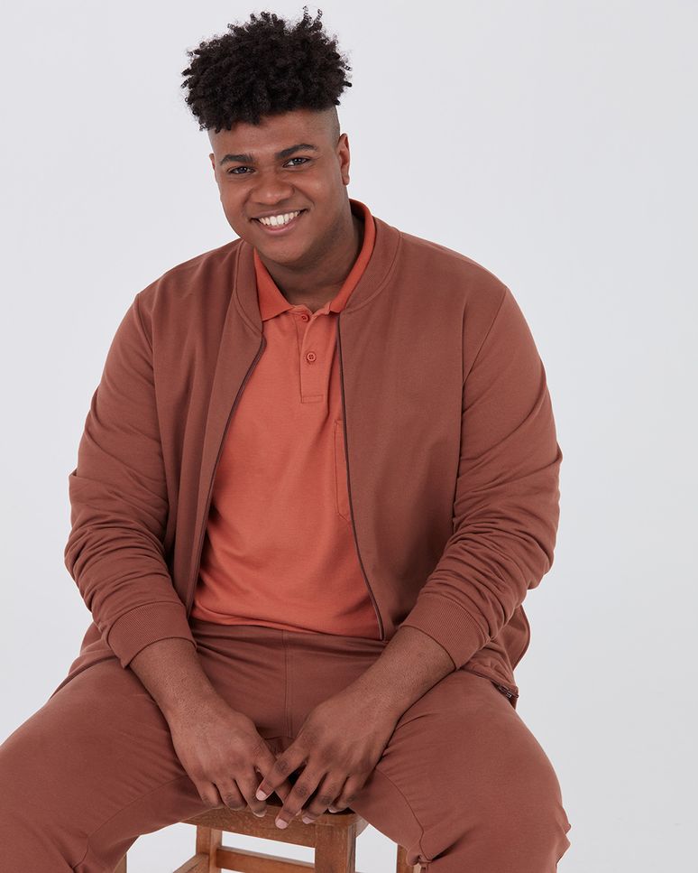 Jaqueta Básica Masculina Plus Size Com Zíper Em Moletom Flanelado