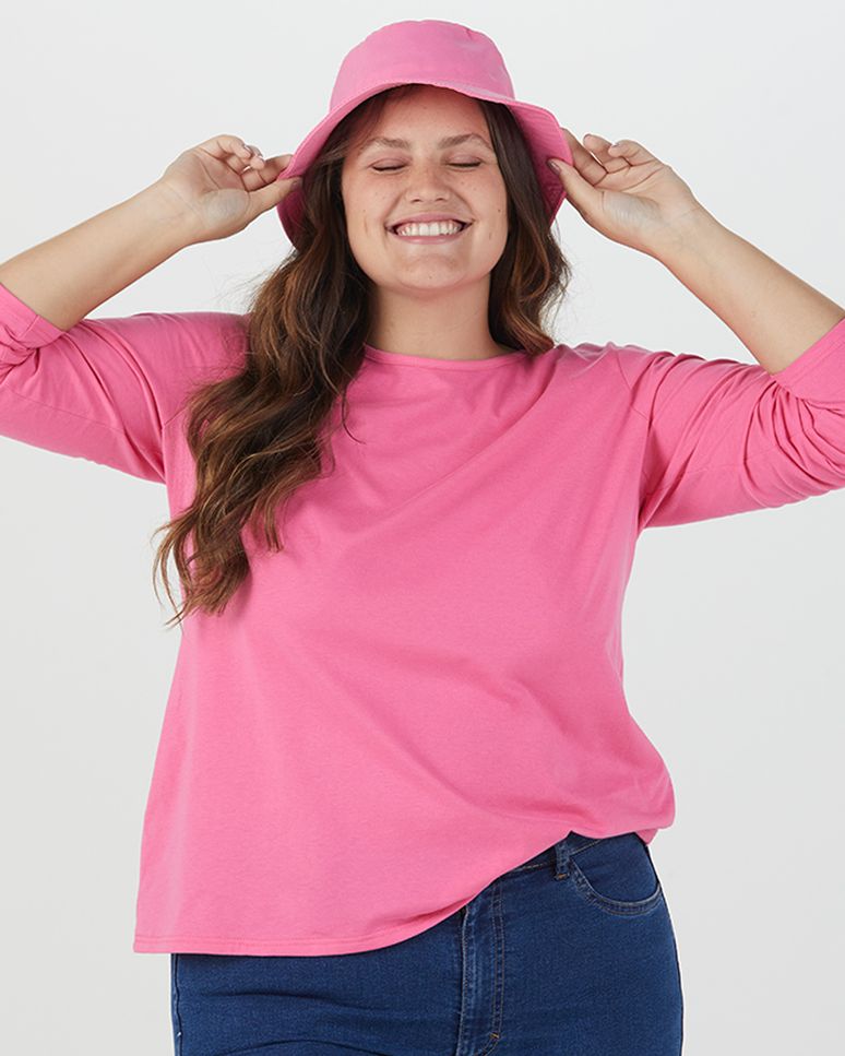 Blusa Básica Feminina Plus Size Manga Longa Em Algodão