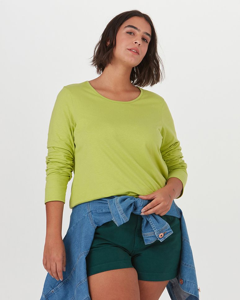 Blusa Básica Feminina Plus Size Manga Longa Em Algodão
