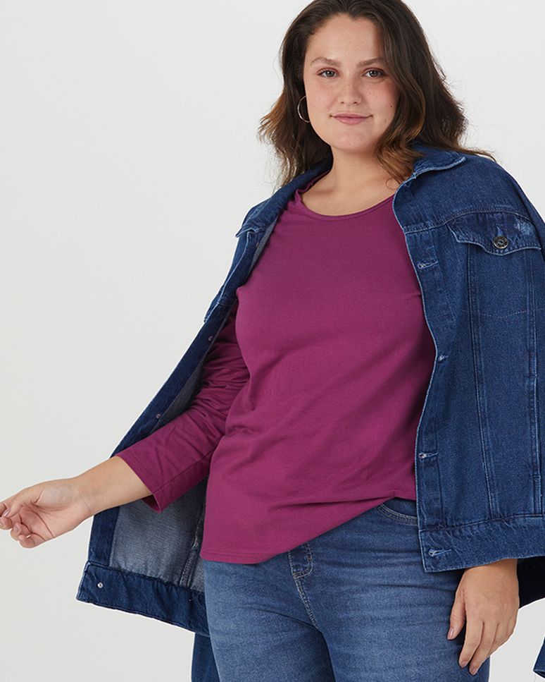 Blusa Básica Feminina Plus Size Manga Longa Em Algodão