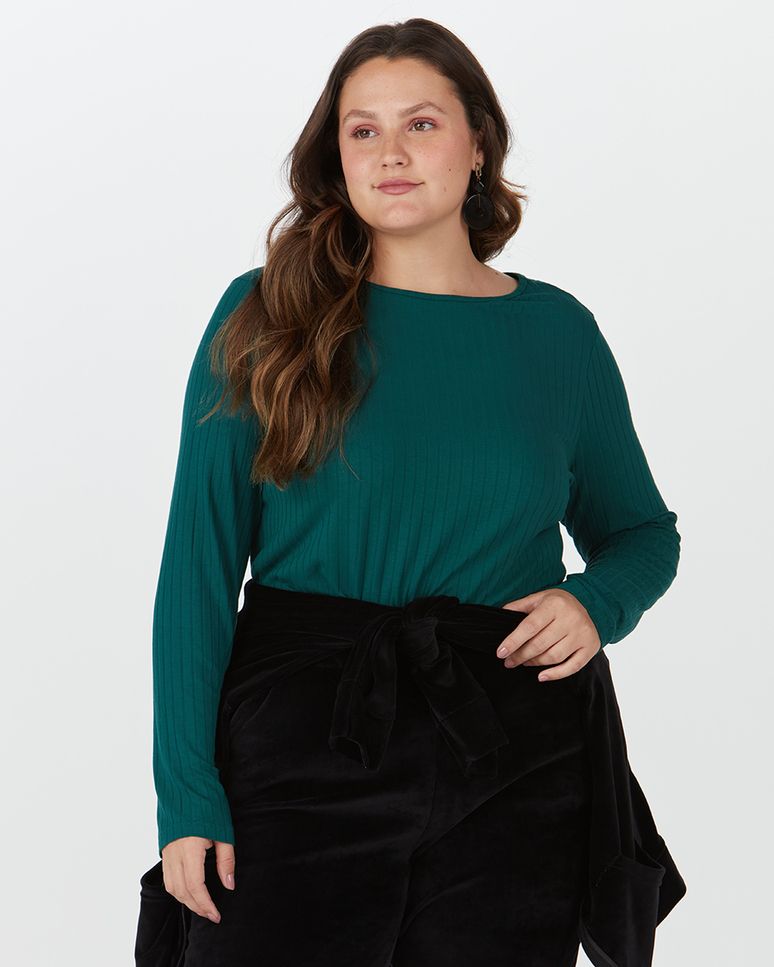 Blusa Básica Feminina Plus Size Manga Longa Em Canelado De Viscose
