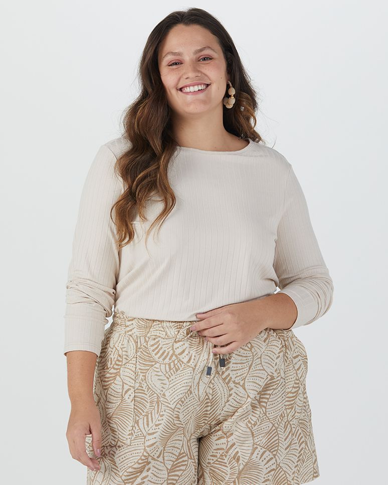 Blusa Básica Feminina Plus Size Manga Longa Em Canelado De Viscose