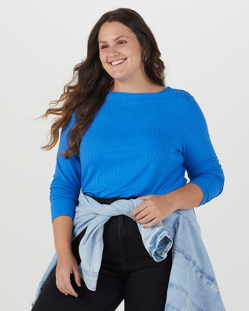 Blusa Básica Feminina Plus Size Manga Longa Em Canelado De Viscose