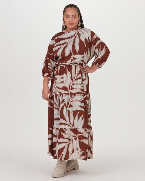 Vestido Midi Feminino Plus Size Folhas Manga 3/4 Em Algodão