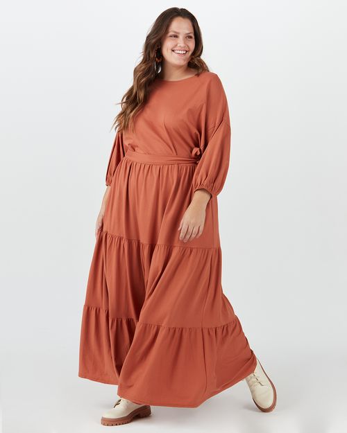 Vestido Midi Feminino Plus Size Manga 3/4 Em Algodão