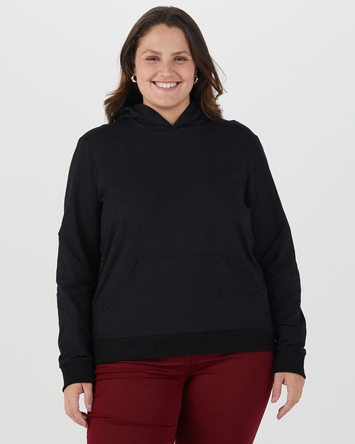 Blusão Básico Feminino Plus Size Bolso Canguru Em Moletom Stretch Flanelado
