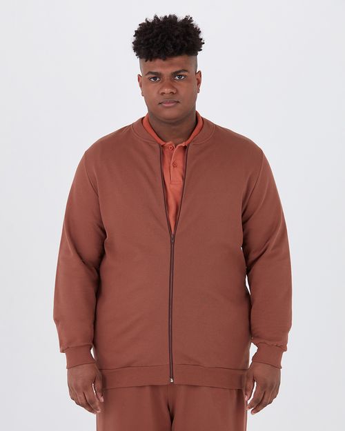 Jaqueta Básica Masculina Plus Size Com Zíper Em Moletom Flanelado
