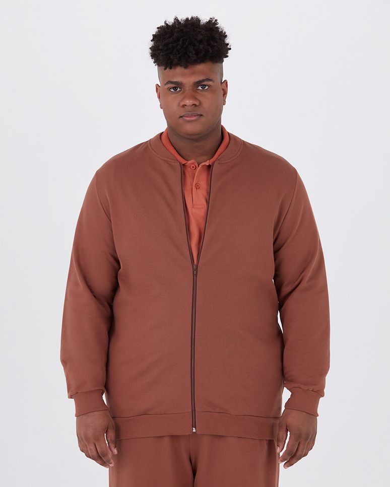 Jaqueta Básica Masculina Plus Size Com Zíper Em Moletom Flanelado