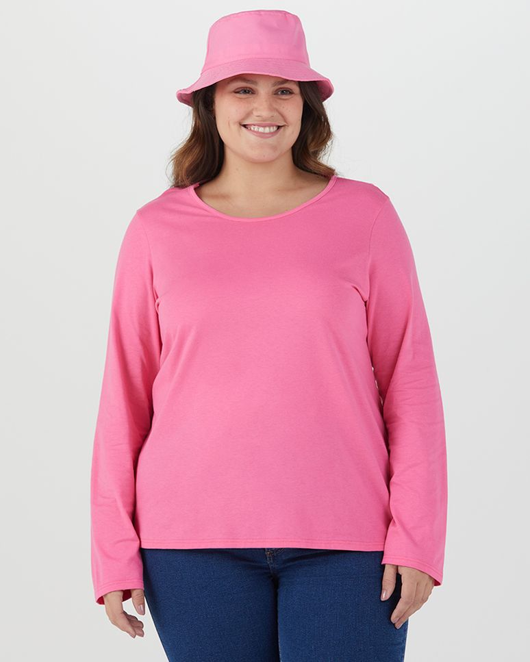 Blusa Básica Feminina Plus Size Manga Longa Em Algodão