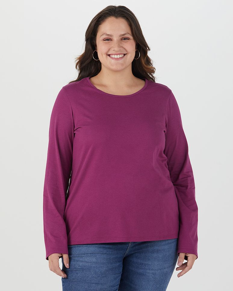 Blusa Básica Feminina Plus Size Manga Longa Em Algodão