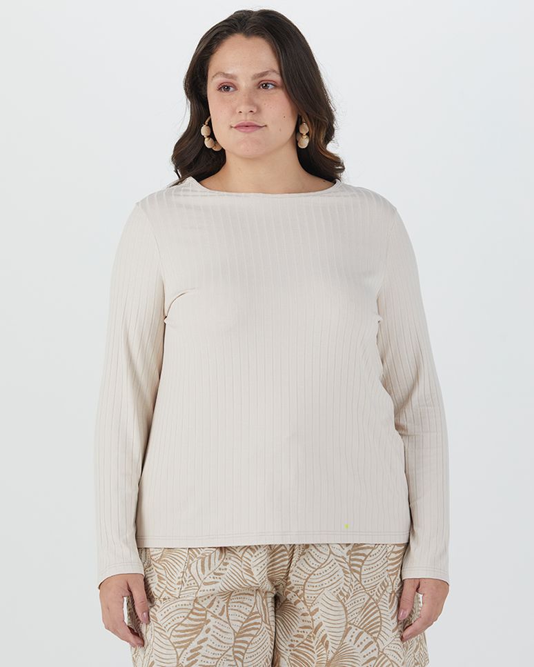 Blusa Básica Feminina Plus Size Manga Longa Em Canelado De Viscose