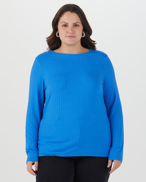 Blusa Básica Feminina Plus Size Manga Longa Em Canelado De Viscose