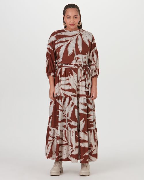 Vestido Midi Feminino Plus Size Folhas Manga 3/4 Em Algodão