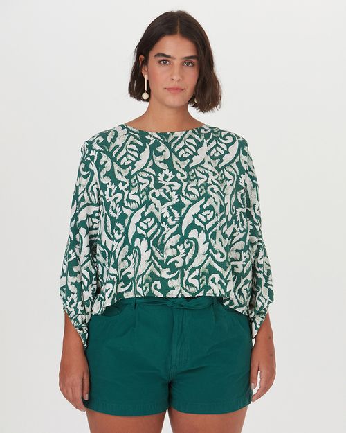 Blusa Feminina Plus Size Manga 7/8 Estampada Em Viscose