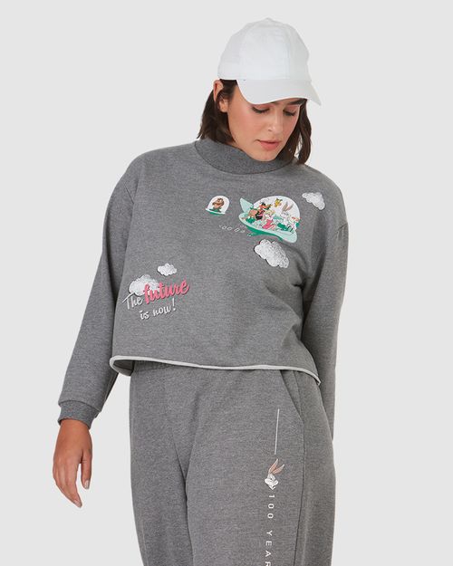 Blusão Cropped Feminino Plus Size Gola Alta Looney Tunes® Em Moletom Flanelado