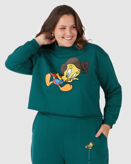 Blusão Cropped Feminino Plus Size Gola Alta Piu-Piu Looney Tunes® Em Moletom Flanelado