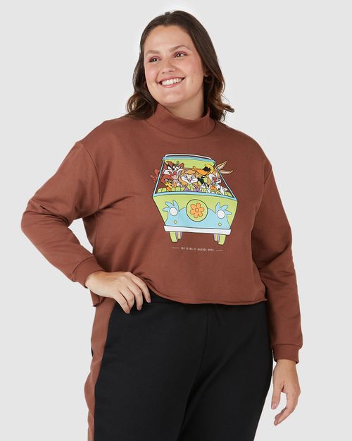 Blusão Cropped Feminino Plus Size Gola Alta Looney Tunes® Em Moletom Flanelado