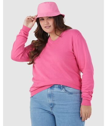 Suéter Básico Feminino Plus Size Gola V Em Tricô