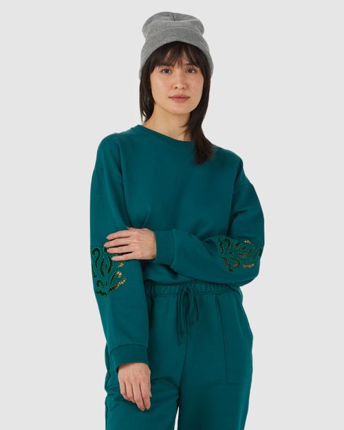 Blusão Feminino Manga Bordada Em Moletom Stretch Flanelado