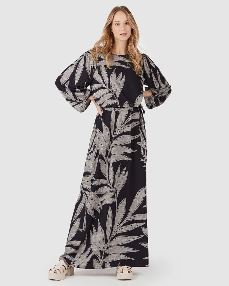 Vestido Longo Feminino Folhas Com Faixa Em Viscose